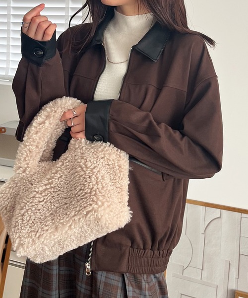 フェイクレザーカラーメルトンタッチブルゾン