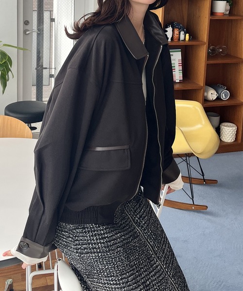 フェイクレザーカラーメルトンタッチブルゾン