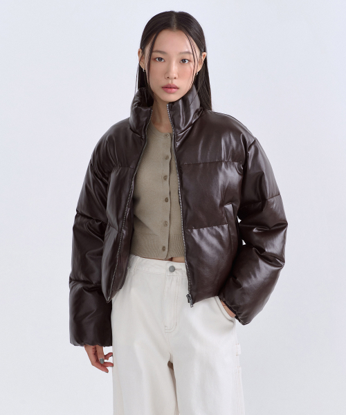 ウィメンズ シンセティックレザー プファー ショート パディング ジャケット [ブラウン]