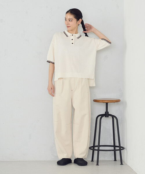 ONIGIRI（オニギリ）の「配色ラインニットポロ（ニット/セーター・レディース・ネイビー/アイボリー・FREE）」の4枚目の写真