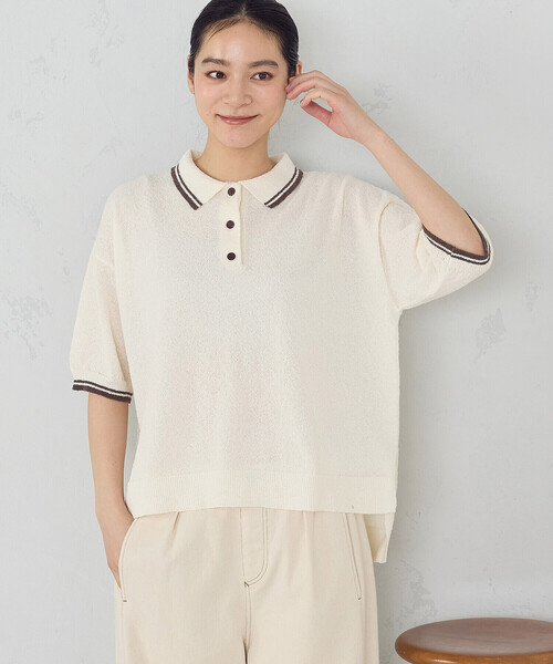 ONIGIRI（オニギリ）の「配色ラインニットポロ（ニット/セーター・レディース・ネイビー/アイボリー・FREE）」の6枚目の写真