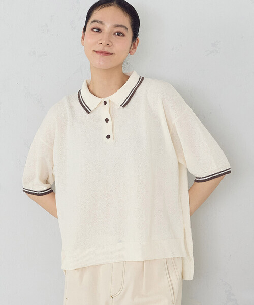 ONIGIRI（オニギリ）の「配色ラインニットポロ（ニット/セーター・レディース・ネイビー/アイボリー・FREE）」の8枚目の写真