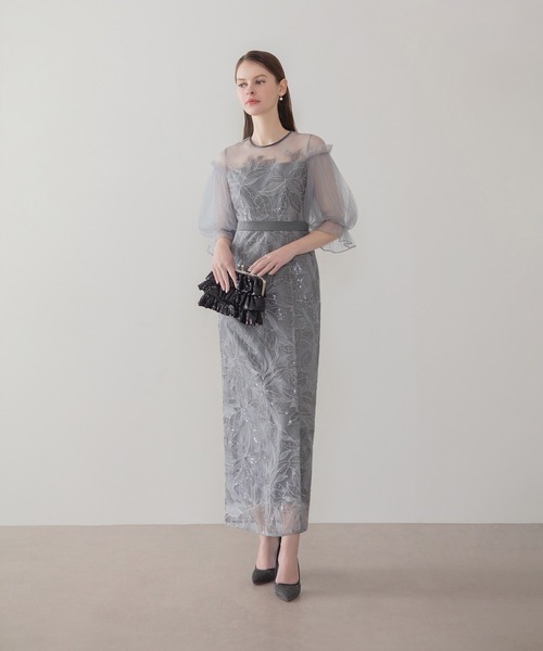リーフスパンコールチュールパフスリーブIラインワンピースドレス結婚式パーティー LEJA】リーフスパンコールチュールパフスリーブIラインワンピース