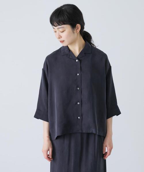 かぐれ（カグレ）の「キュプラオープンカラーシャツ（シャツ/ブラウス・レディース・ネイビー/ブラック・FREE）」の14枚目の写真