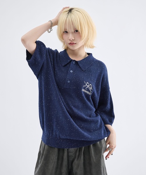 krエルメネジルドゼニア クチュール 刺繍ロゴ ニットポロシャツ ネイビー スノーネップ半袖ニットポロシャツ / Snow Nep Halfsleeve Knit Polo