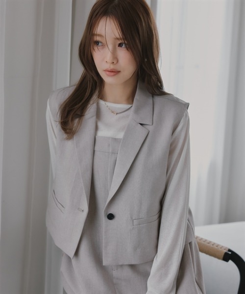 Petitjo(プッチージョ)の「小さいサイズ 麻調シリーズ ノースリーブジャケット 低身長さん・小柄女性(カバーオール・レディース・ブルー/グレー/ベージュ・PL/PM/PS/PSS)」の2枚目の写真