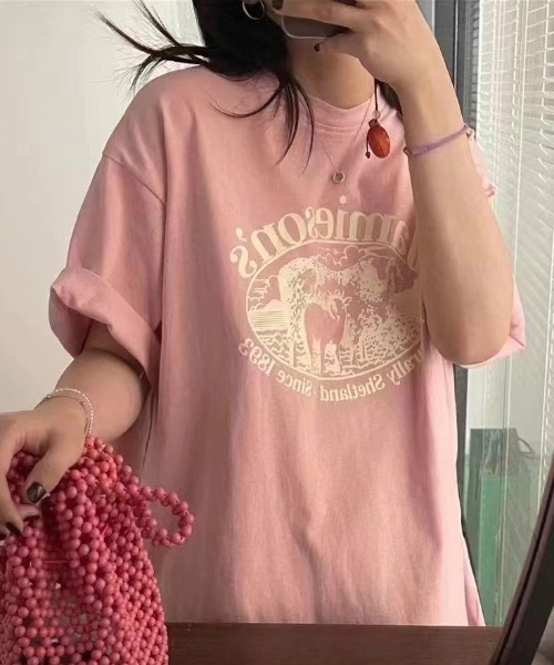 Teem Store(チームストア)の「カレッジロゴアニマルプリントオーバーサイズTシャツ(Tシャツ/カットソー・レディース・グリーン/ホワイト/ブラック/ワイン/ピンク・F)」の4枚目の写真