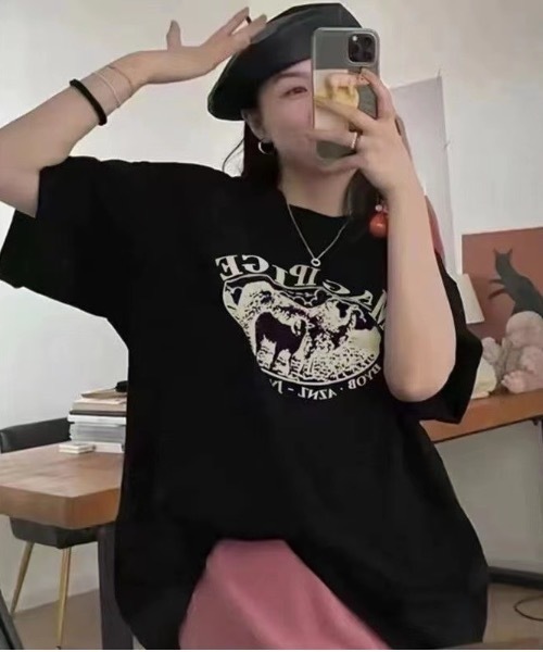 Teem Store(チームストア)の「カレッジロゴアニマルプリントオーバーサイズTシャツ(Tシャツ/カットソー・レディース・グリーン/ホワイト/ブラック/ワイン/ピンク・F)」の8枚目の写真