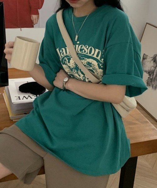Teem Store(チームストア)の「カレッジロゴアニマルプリントオーバーサイズTシャツ(Tシャツ/カットソー・レディース・グリーン/ホワイト/ブラック/ワイン/ピンク・F)」の16枚目の写真