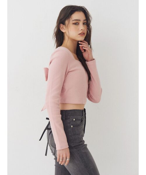 EVRIS（エヴリス）の「【パッド付】2WAYバックリボンスクエアネックリブトップス（Tシャツ/カットソー・レディース・グレー/ブラック/ホワイト/ピンク・FREE）」の13枚目の写真