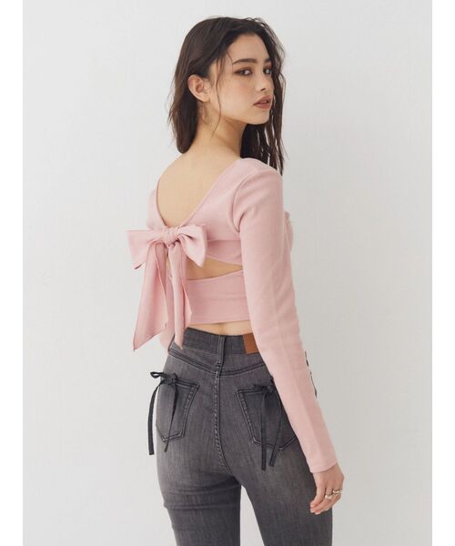 EVRIS（エヴリス）の「【パッド付】2WAYバックリボンスクエアネックリブトップス（Tシャツ/カットソー・レディース・グレー/ブラック/ホワイト/ピンク・FREE）」の14枚目の写真