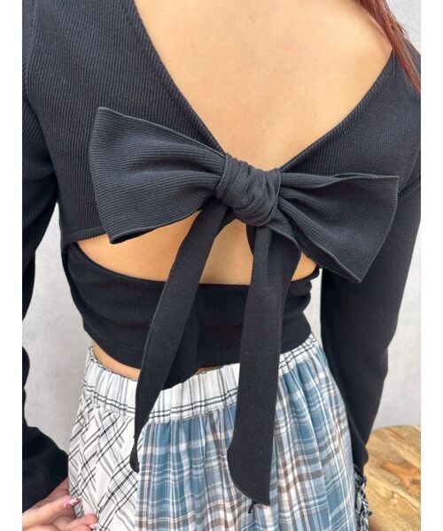 EVRIS（エヴリス）の「【パッド付】2WAYバックリボンスクエアネックリブトップス（Tシャツ/カットソー・レディース・グレー/ブラック/ホワイト/ピンク・FREE）」の19枚目の写真