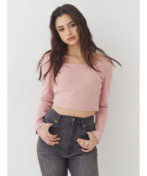 EVRIS(エヴリス)の「【パッド付】2WAYバックリボンスクエアネックリブトップス 春服(Tシャツ/カットソー・レディース・グレー/ブラック/ホワイト/ピンク・FREE)」の4枚目の写真