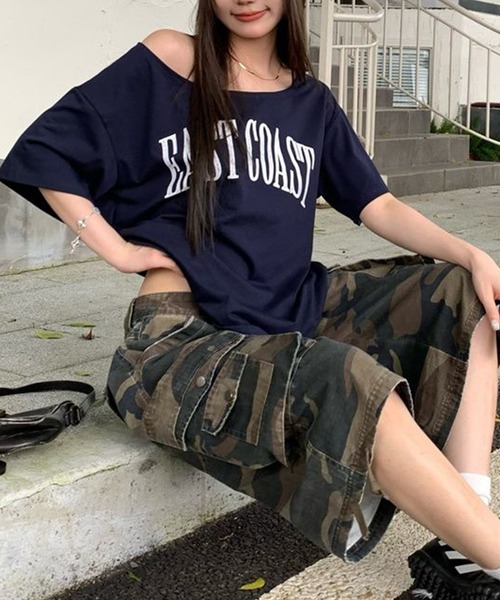 Songe（ソンジュ）の「ロゴプリントワンショルダー半袖Tシャツ（Tシャツ/カットソー・レディース・ネイビー/ブラック/ホワイト・M/L）」の8枚目の写真