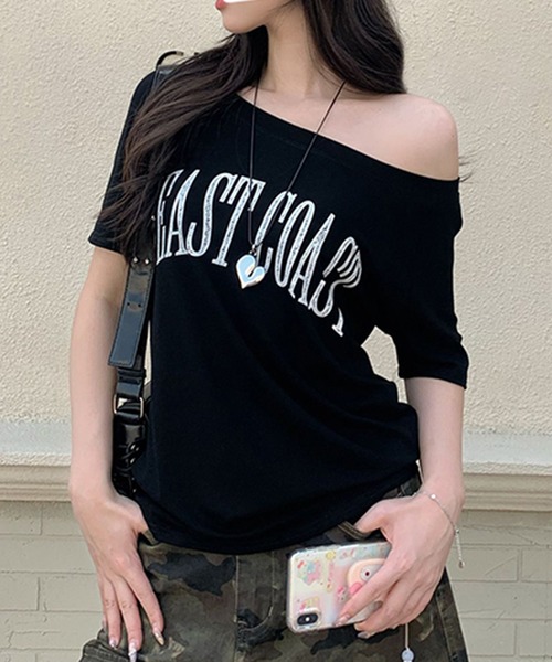 Songe（ソンジュ）の「ロゴプリントワンショルダー半袖Tシャツ（Tシャツ/カットソー・レディース・ネイビー/ブラック/ホワイト・M/L）」の22枚目の写真
