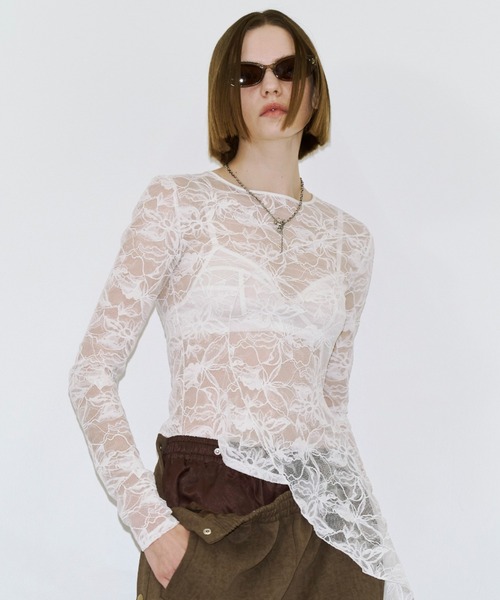 JOSE MOON（ジョゼムーン）の「LACE LONGSLEEVE TOP/レースロングスリーブトップス（Tシャツ/カットソー・レディース・ブラック/ホワイト・FREE）」の2枚目の写真