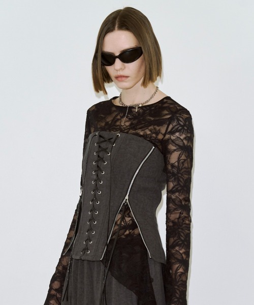 JOSE MOON（ジョゼムーン）の「LACE LONGSLEEVE TOP/レースロングスリーブトップス（Tシャツ/カットソー・レディース・ブラック/ホワイト・FREE）」の3枚目の写真