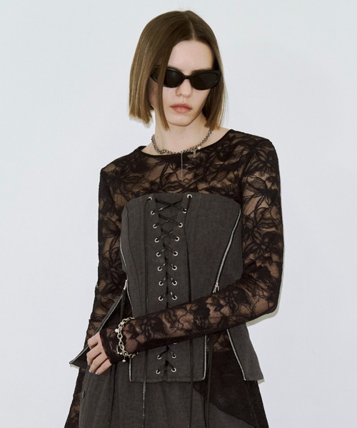 JOSE MOON（ジョゼムーン）の「LACE LONGSLEEVE TOP/レースロングスリーブトップス（Tシャツ/カットソー・レディース・ブラック/ホワイト・FREE）」の4枚目の写真