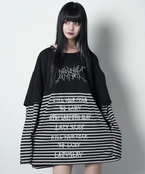 LAZYSLAY（レイジースレイ）の「レイヤープリントロンT（Tシャツ/カットソー・レディース・グレー/ブラック・FREE）」の2枚目の写真