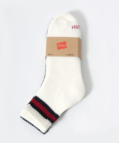 HANES(ヘインズ)の「Hanes(ヘインズ)フルパイル クォーターレングス ラインソックス 2足組/メンズ リブソックス(ソックス/靴下・メンズ・ホワイト×ネイビー・M)」の3枚目の写真