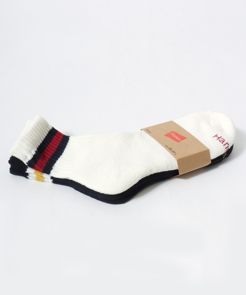 HANES(ヘインズ)の「Hanes(ヘインズ)フルパイル クォーターレングス ラインソックス 2足組/メンズ リブソックス(ソックス/靴下・メンズ・ホワイト×ネイビー・M)」の6枚目の写真
