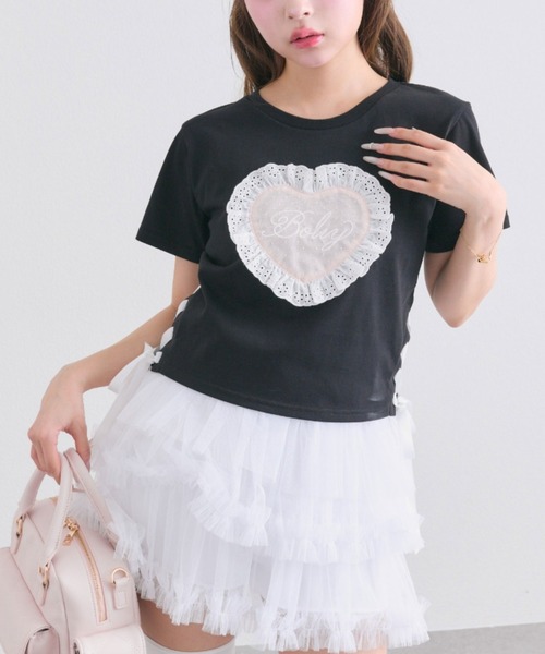 OLIVE des OLIVE(オリーブデオリーブ)の「Sastinable レースアップTシャツ(Tシャツ/カットソー・レディース・オフホワイト/ブラック/ピンク・FREE)」の1枚目の写真