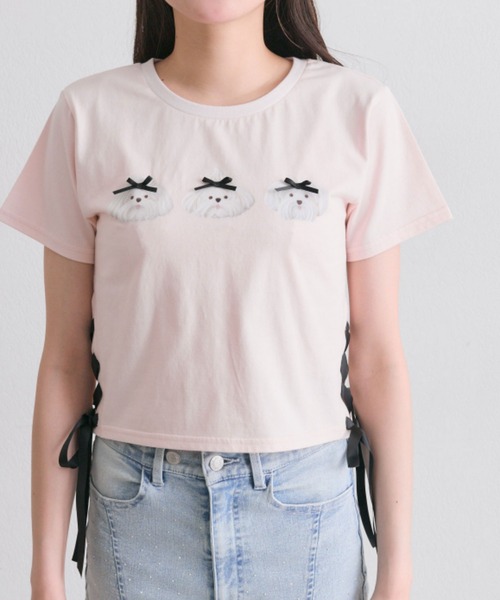 OLIVE des OLIVE(オリーブデオリーブ)の「Sastinable レースアップTシャツ(Tシャツ/カットソー・レディース・オフホワイト/ブラック/ピンク・FREE)」の4枚目の写真