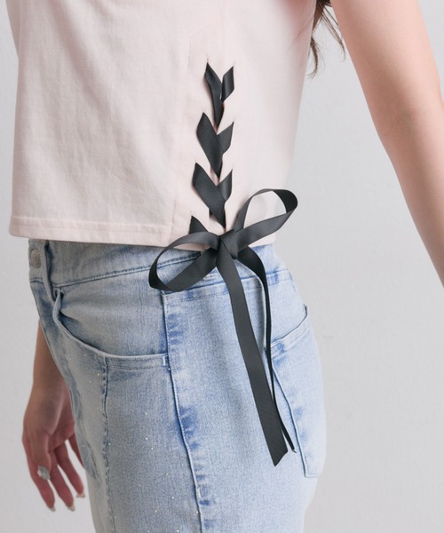 OLIVE des OLIVE(オリーブデオリーブ)の「Sastinable レースアップTシャツ(Tシャツ/カットソー・レディース・オフホワイト/ブラック/ピンク・FREE)」の11枚目の写真