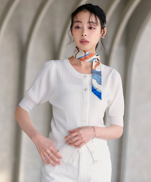 RUIRUE BOUTIQUE(ルイルエブティック)の「洗える/ストレッチ | 2WAY ラメ RIB パフカーデ | カーディガン・ニットカーディガン・トップス・ニットトップス・リブニット・サマーニット・シアートップス(カーディガン/ボレロ・レディース・グレー系1/ホワイト/ブルー系1/ピンク系1/ブラック・M/L)」の1枚目の写真