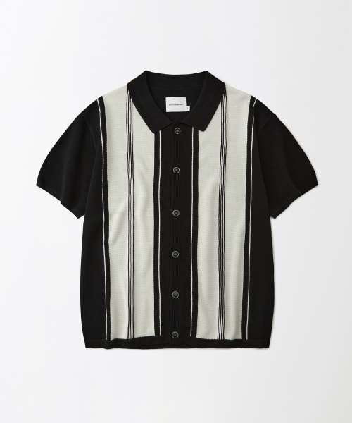 HS STRIPE COLLAR KNIT CARDIGAN — кардиган с полосатым воротником, чёрно‑айвори