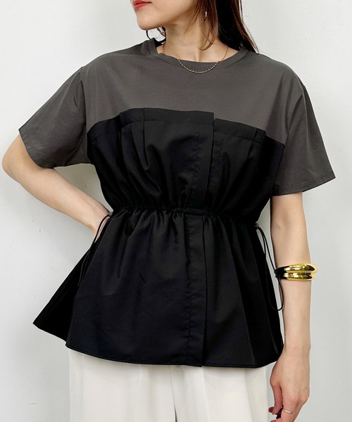 PICCIN(ピッチン)の「布帛ドッキングTシャツ(Tシャツ/カットソー・レディース・オフホワイト/チャコールグレー・M)」の2枚目の写真
