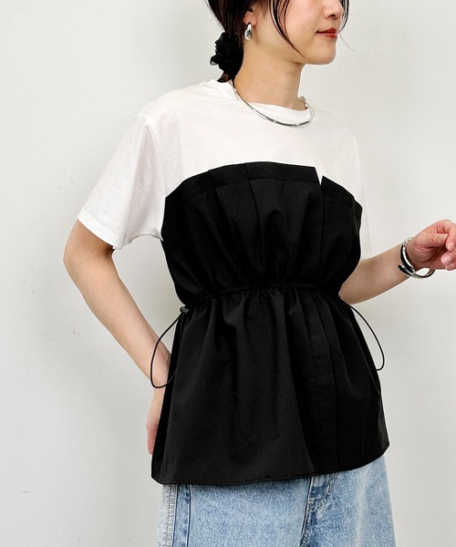 PICCIN(ピッチン)の「布帛ドッキングTシャツ(Tシャツ/カットソー・レディース・オフホワイト/チャコールグレー・M)」の6枚目の写真