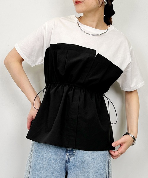 PICCIN(ピッチン)の「布帛ドッキングTシャツ(Tシャツ/カットソー・レディース・オフホワイト/チャコールグレー・M)」の3枚目の写真