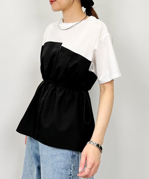 PICCIN(ピッチン)の「布帛ドッキングTシャツ(Tシャツ/カットソー・レディース・オフホワイト/チャコールグレー・M)」の4枚目の写真