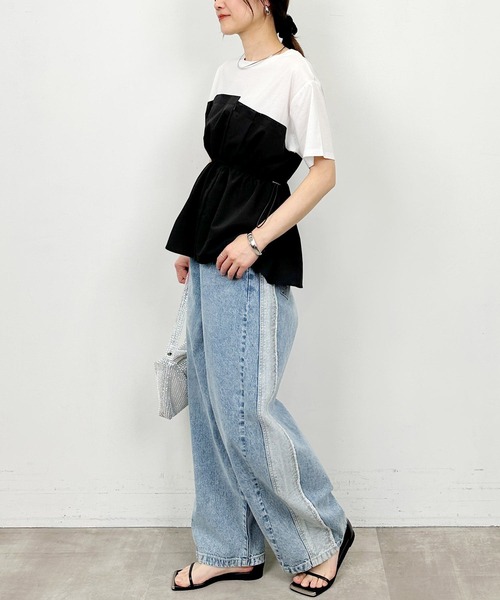 PICCIN(ピッチン)の「布帛ドッキングTシャツ(Tシャツ/カットソー・レディース・オフホワイト/チャコールグレー・M)」の8枚目の写真