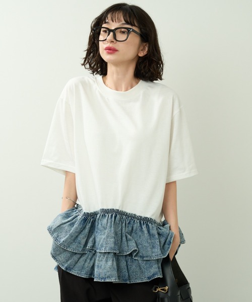 A.D.C.L.(エーディーシーエル)の「デニムフリル切替 半袖Tシャツ(Tシャツ/カットソー・レディース・ホワイト/ブラック・M/L)」の10枚目の写真
