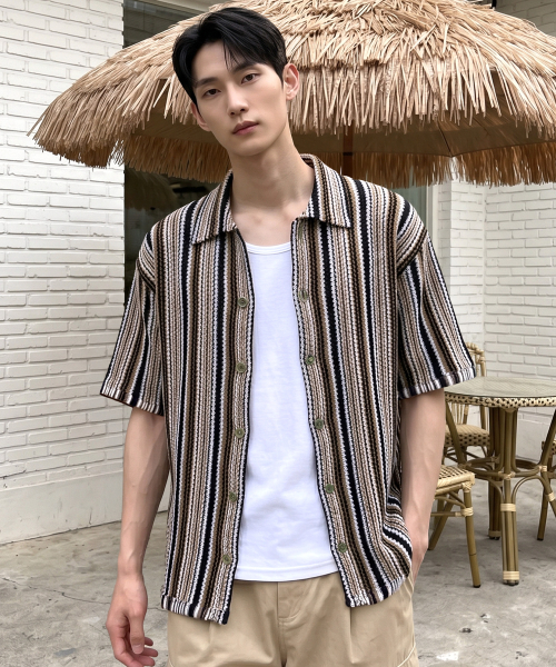 UNDEROFF(アンダーオフ)の「マルチストライプクロシェ半袖ニットシャツ(ニット/セーター・メンズ・ブラック・LARGE/MEDIUM/X-LARGE)」の7枚目の写真
