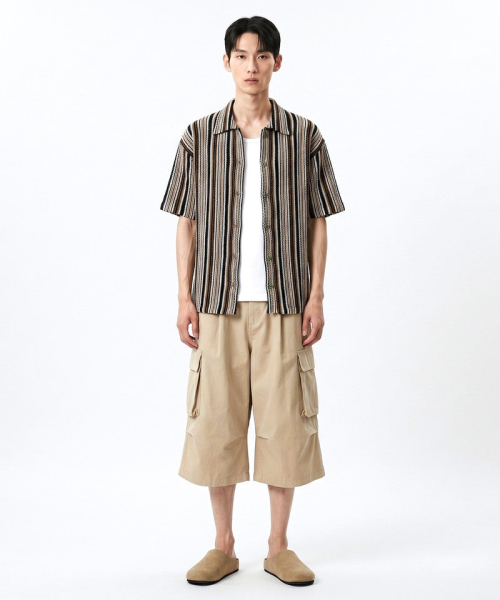 UNDEROFF(アンダーオフ)の「マルチストライプクロシェ半袖ニットシャツ(ニット/セーター・メンズ・ブラック・LARGE/MEDIUM/X-LARGE)」の2枚目の写真