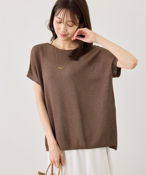 ROPE' PICNIC(ロペピクニック)の「プチスパンコールフレンチスリーブメッシュニット(ニット/セーター・レディース・オフホワイト/キャメル/サックスブルー/ブラック・FREE)」の1枚目の写真