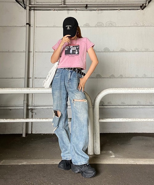 non-hedge（ノンヘッジ）の「ブリーチ転写ショート丈Tシャツ（Tシャツ/カットソー・レディース・ブラック/ピンク/ブルー/グレー・FREE）」の5枚目の写真