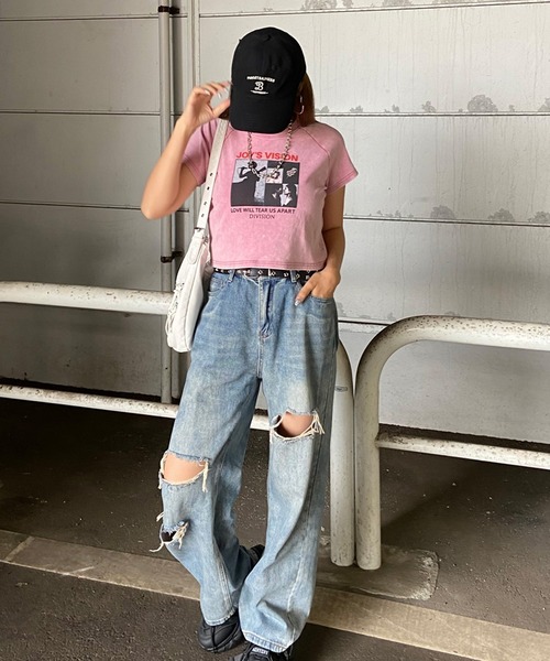 non-hedge（ノンヘッジ）の「ブリーチ転写ショート丈Tシャツ（Tシャツ/カットソー・レディース・ブラック/ピンク/ブルー/グレー・FREE）」の6枚目の写真