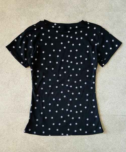 SHEPP（シープ）の「星柄 リンガー風 ビッグロゴタイト半袖Tシャツ フレンチスリーブ（Tシャツ/カットソー・レディース・ブラック・L/M）」の7枚目の写真
