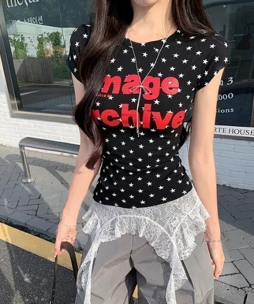 SHEPP（シープ）の「星柄 リンガー風 ビッグロゴタイト半袖Tシャツ フレンチスリーブ（Tシャツ/カットソー・レディース・ブラック・L/M）」の13枚目の写真
