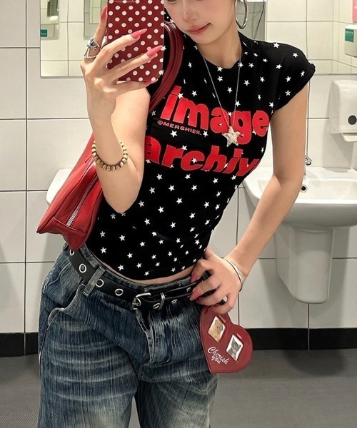 SHEPP（シープ）の「星柄 リンガー風 ビッグロゴタイト半袖Tシャツ フレンチスリーブ（Tシャツ/カットソー・レディース・ブラック・L/M）」の12枚目の写真