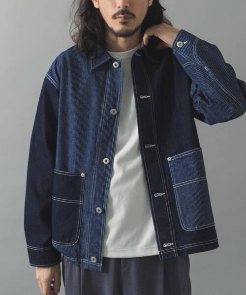 ITEMS URBANRESEARCH（アイテムズ アーバンリサーチ）の「ヒッコリー×デニム切替 ワークジャケット（デニムジャケット・メンズ・ネイビー/ブラック・LARGE/MEDIUM）」の2枚目の写真