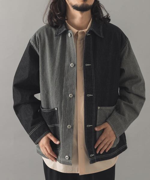 ITEMS URBANRESEARCH（アイテムズ アーバンリサーチ）の「ヒッコリー×デニム切替 ワークジャケット（デニムジャケット・メンズ・ネイビー/ブラック・LARGE/MEDIUM）」の14枚目の写真