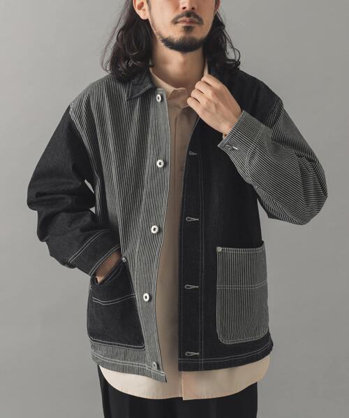 ITEMS URBANRESEARCH（アイテムズ アーバンリサーチ）の「ヒッコリー×デニム切替 ワークジャケット（デニムジャケット・メンズ・ネイビー/ブラック・LARGE/MEDIUM）」の15枚目の写真