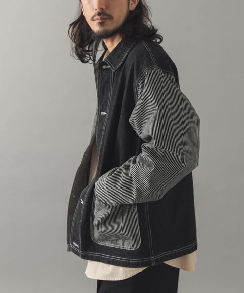ITEMS URBANRESEARCH（アイテムズ アーバンリサーチ）の「ヒッコリー×デニム切替 ワークジャケット（デニムジャケット・メンズ・ネイビー/ブラック・LARGE/MEDIUM）」の16枚目の写真