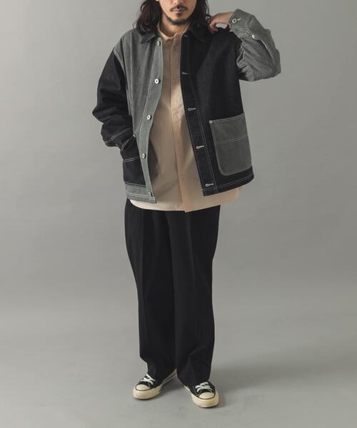 ITEMS URBANRESEARCH（アイテムズ アーバンリサーチ）の「ヒッコリー×デニム切替 ワークジャケット（デニムジャケット・メンズ・ネイビー/ブラック・LARGE/MEDIUM）」の18枚目の写真