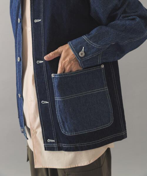 ITEMS URBANRESEARCH（アイテムズ アーバンリサーチ）の「ヒッコリー×デニム切替 ワークジャケット（デニムジャケット・メンズ・ネイビー/ブラック・LARGE/MEDIUM）」の3枚目の写真